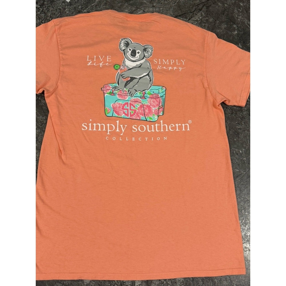 Simply Southern Live Life Simply Happy Koala Bear T Shirt Peach Sz M